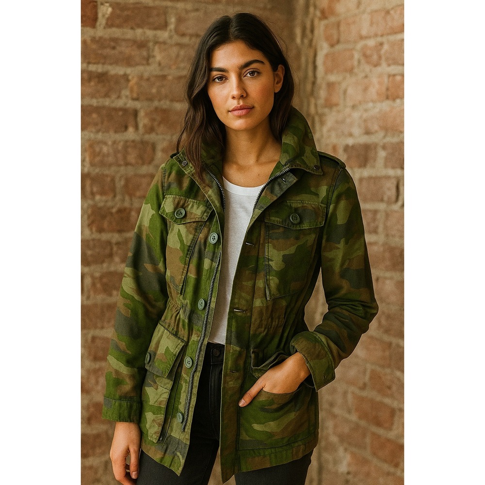 J. Crew Camo Utility Jacket Hooded Drawstring Pockets Green XS
